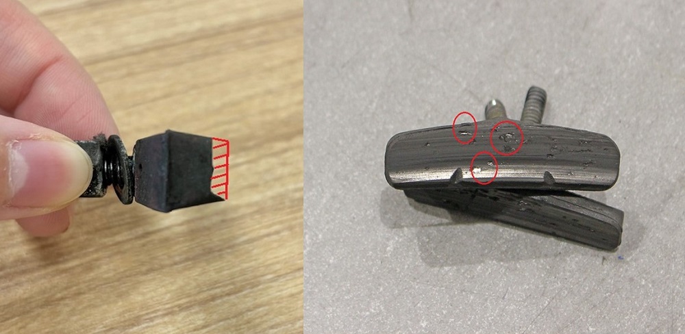 削れたブレーキシュー/金属が露出している