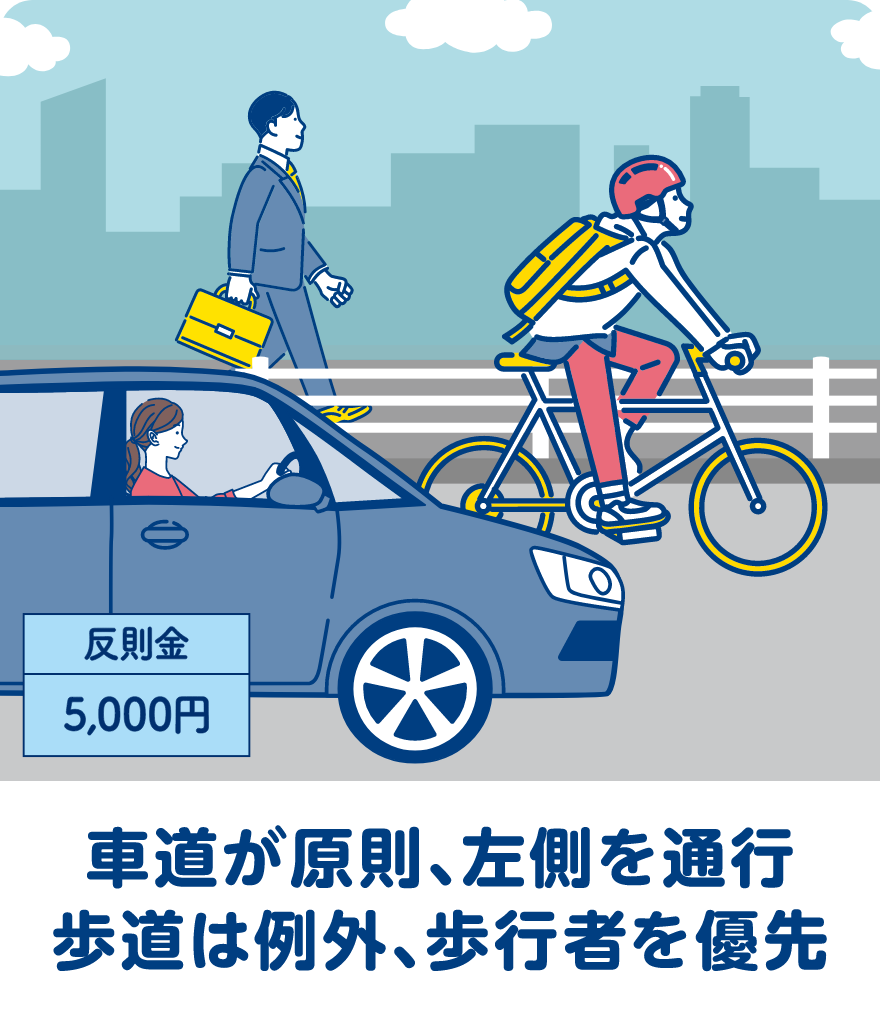 車道が原則、左側を通行 歩道は例外、歩行者を優先 反則金：5,000円