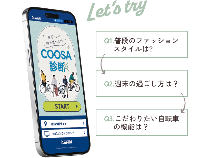 Let's try Q1.普段のファッションスタイルは? Q2.週末の過ごし方は？ Q3.こだわりたい自転車の機能は？